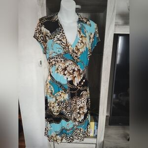 Cache Aqua & Black Baroque Print Wrap Dress SZ M Stretch Material